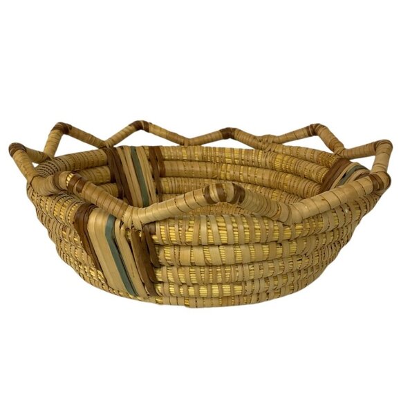 Handwoven Natural Coiled Straw Basket With Decorative Multicolor Stripes Accents - Picture 6 of 7